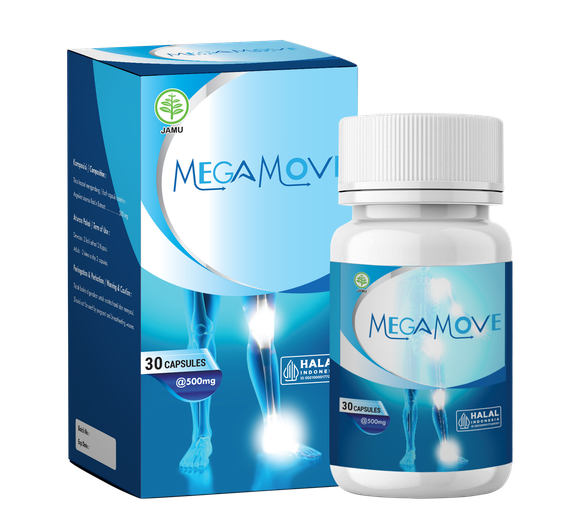 Kemasan produk suplemen Megamove dengan desain minimalis